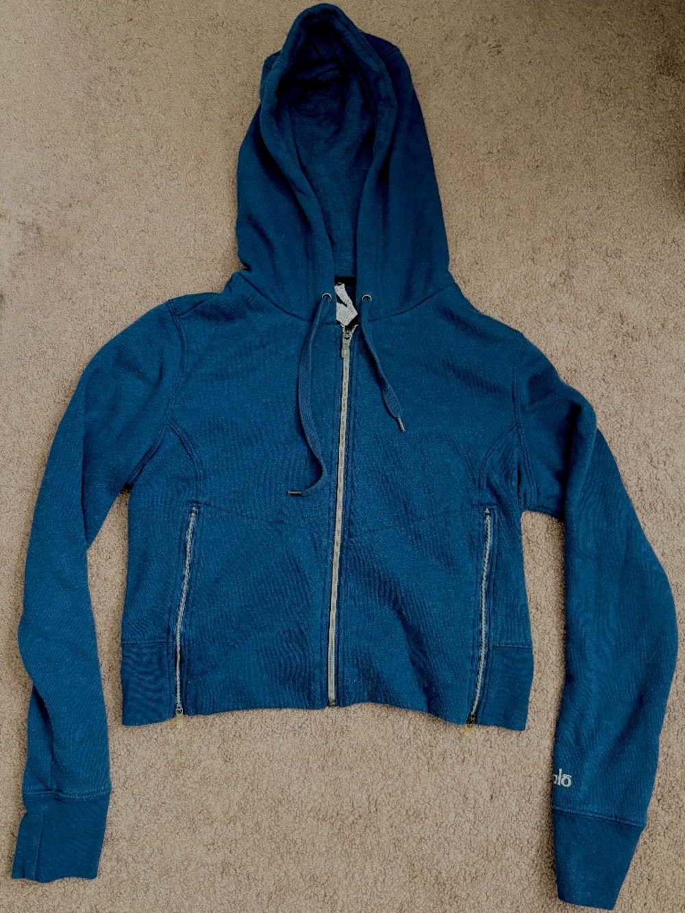 Alo Yoga Womens Sweatshirt Zippered Hoodie Navy Blue Cropped Breathable Size M
